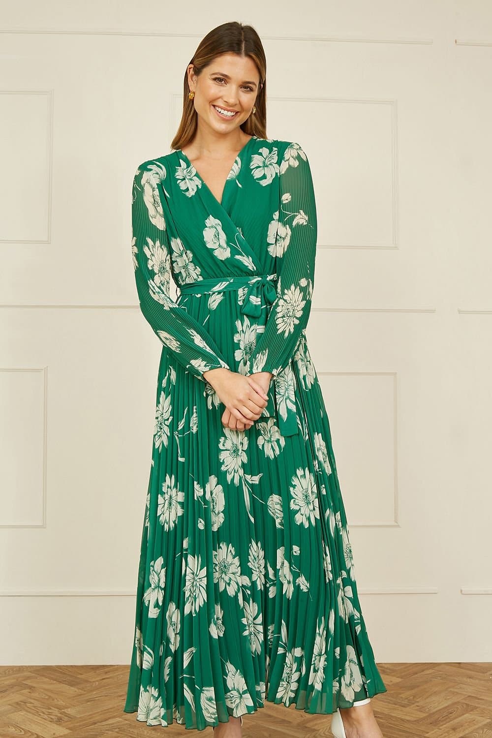 Yumi Yumi Women's Green Floral Pleated Midi Wrap Long Sleeve Dress