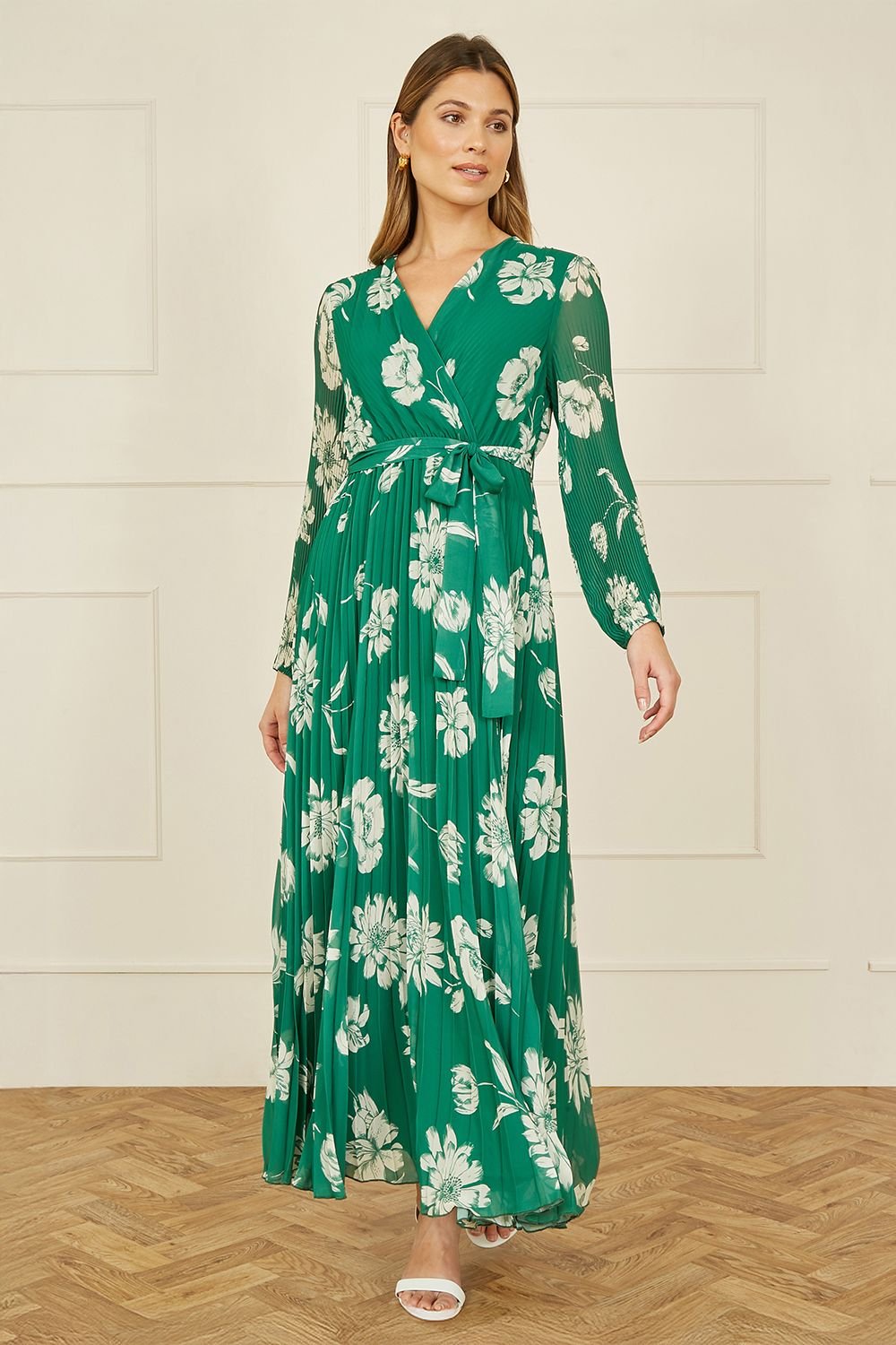 Yumi Yumi Women's Green Floral Pleated Midi Wrap Long Sleeve Dress - 2