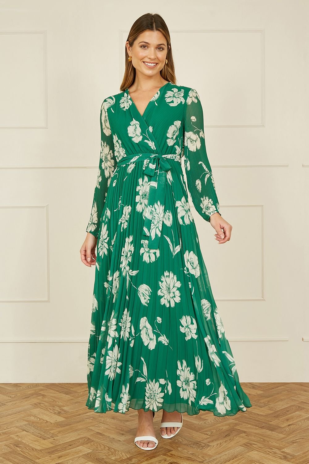 Yumi Yumi Women's Green Floral Pleated Midi Wrap Long Sleeve Dress - 3