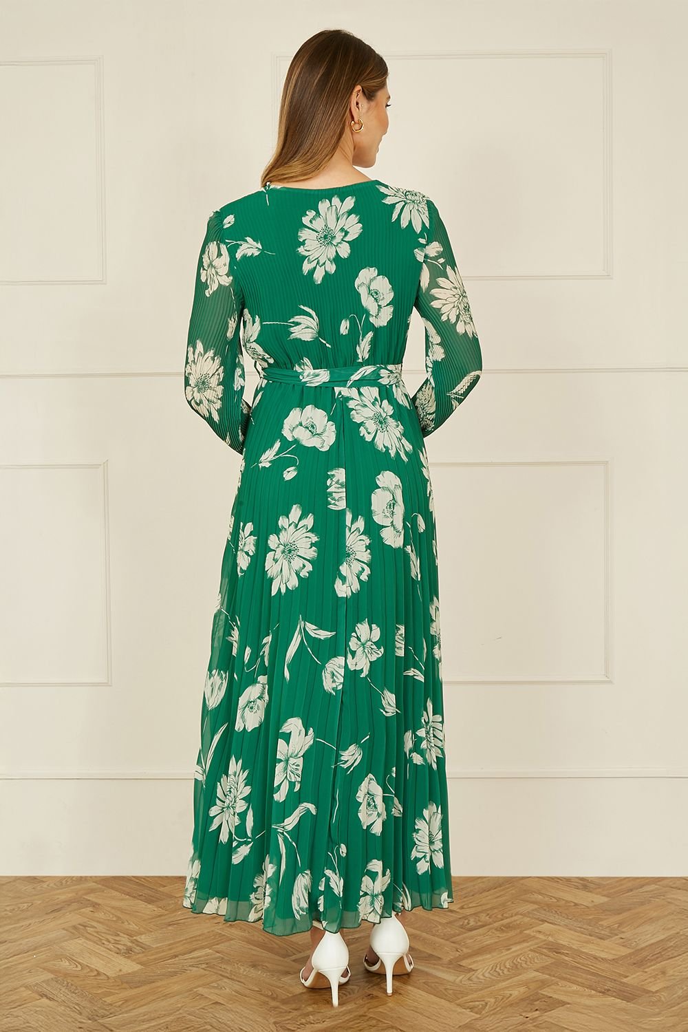 Yumi Yumi Women's Green Floral Pleated Midi Wrap Long Sleeve Dress - 4