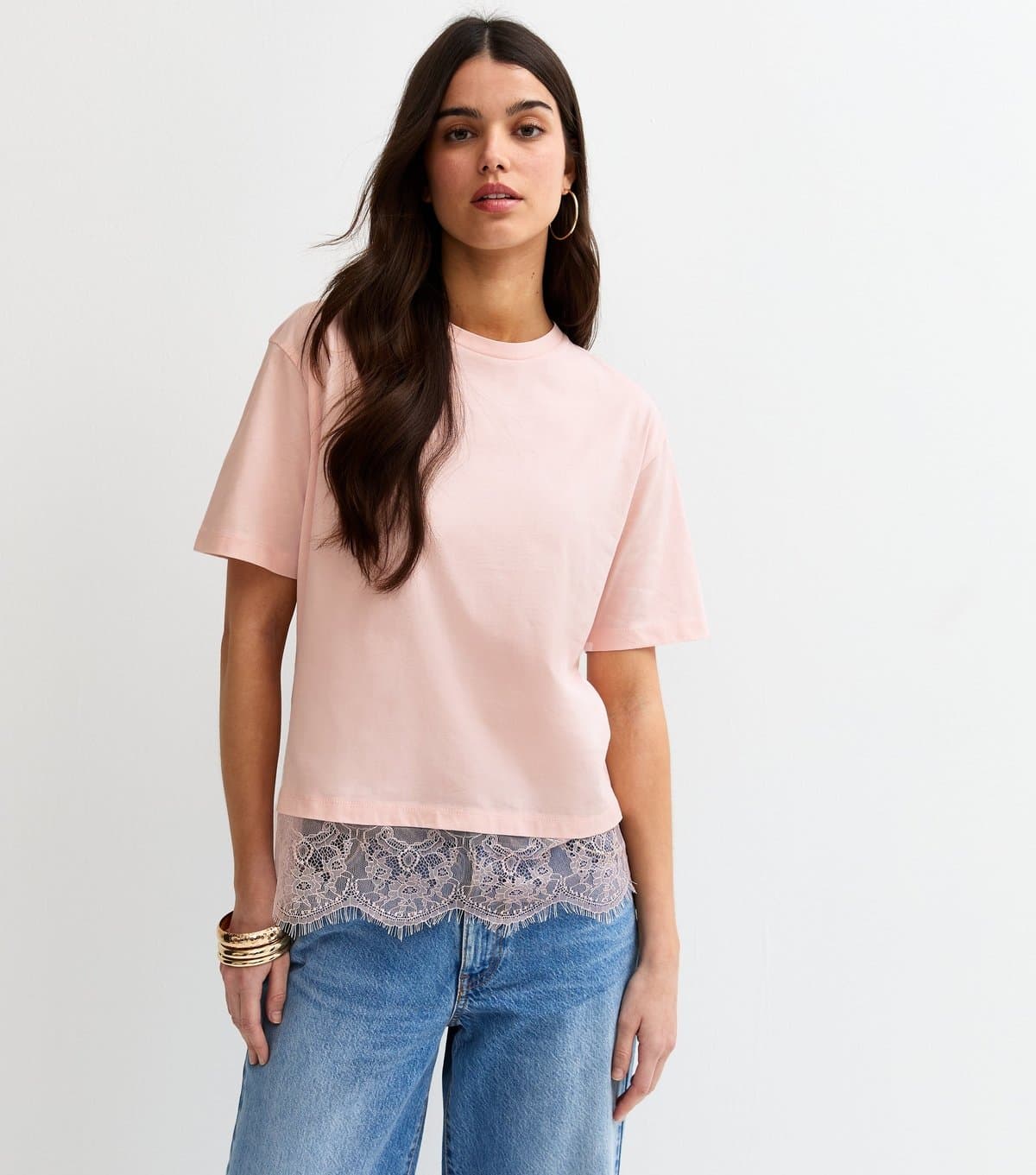 New Look Women's Pink Lace Hem Boxy T-Shirt New Look