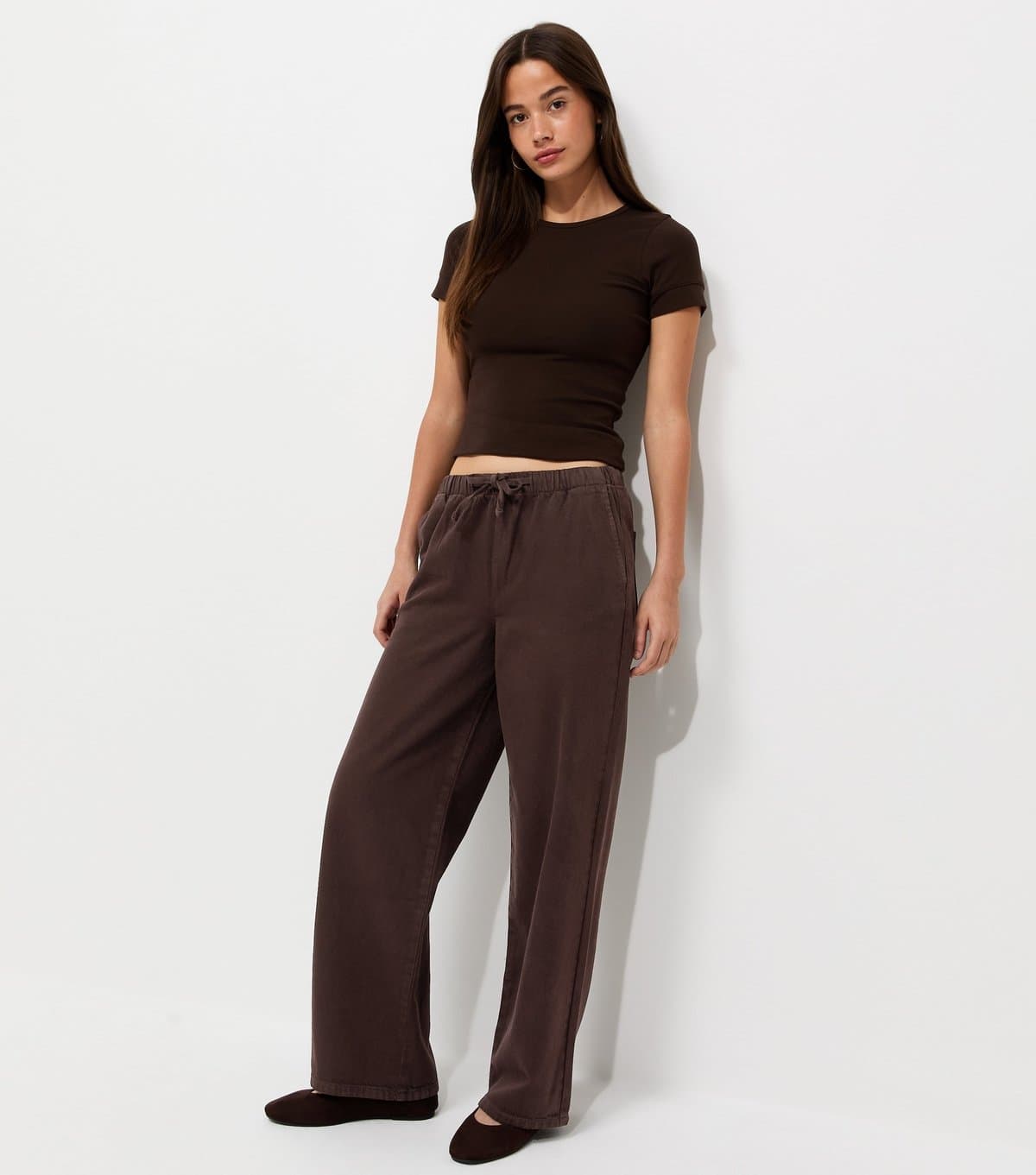 New Look Women's Dark Brown Denim Wide Leg Drawstring Waist Jeans New Look