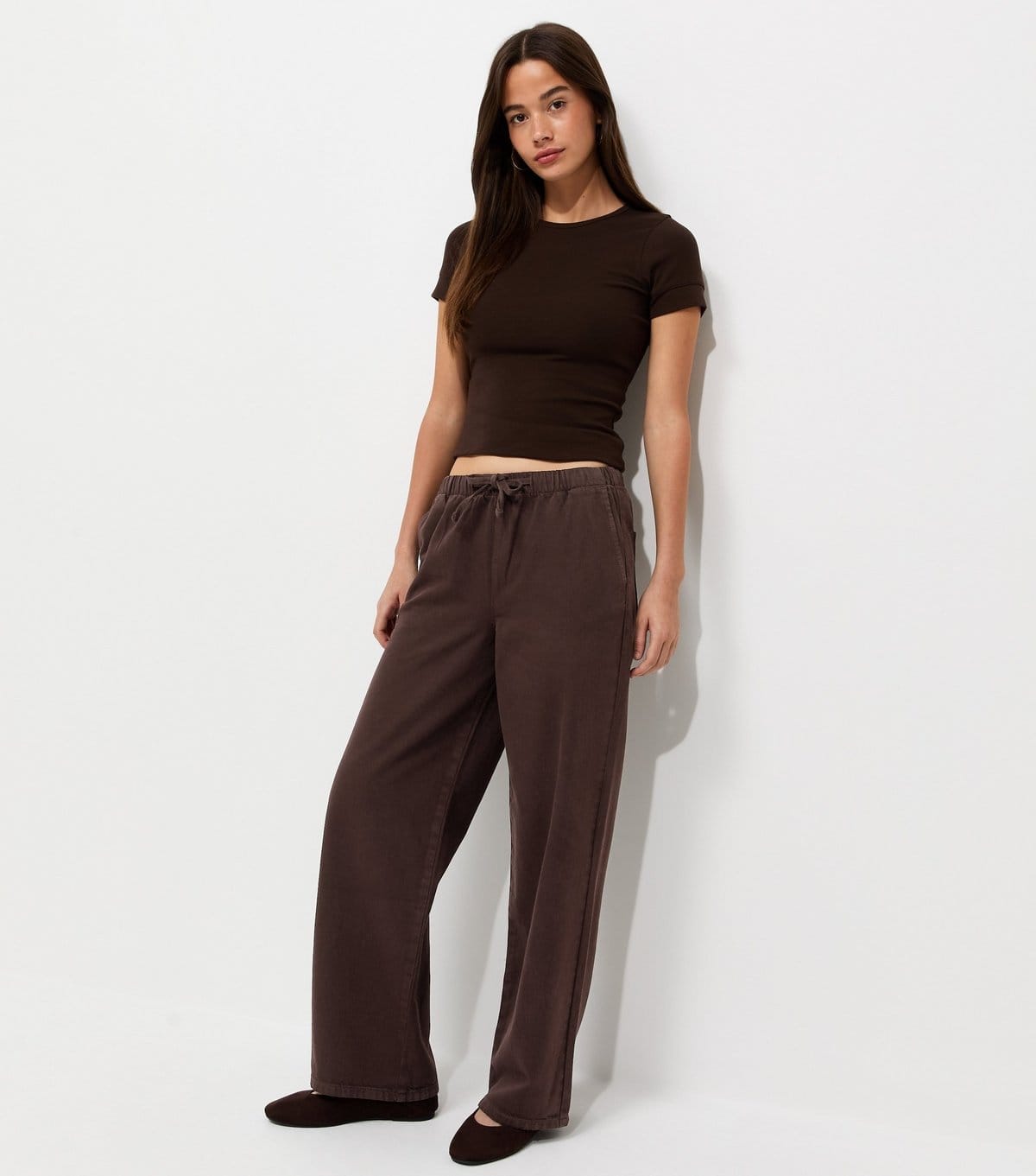 Women's Dark Brown Denim Wide Leg Drawstring Waist Jeans New Look