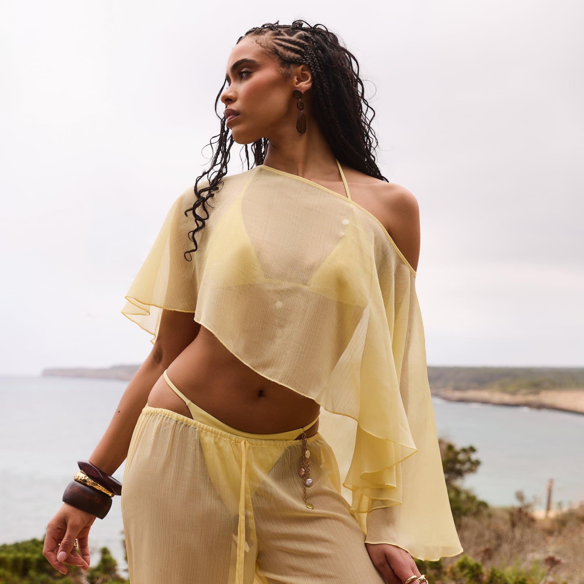EGO Off The Shoulder Sheer Cape Top In Lemon, Women's Size UK 10