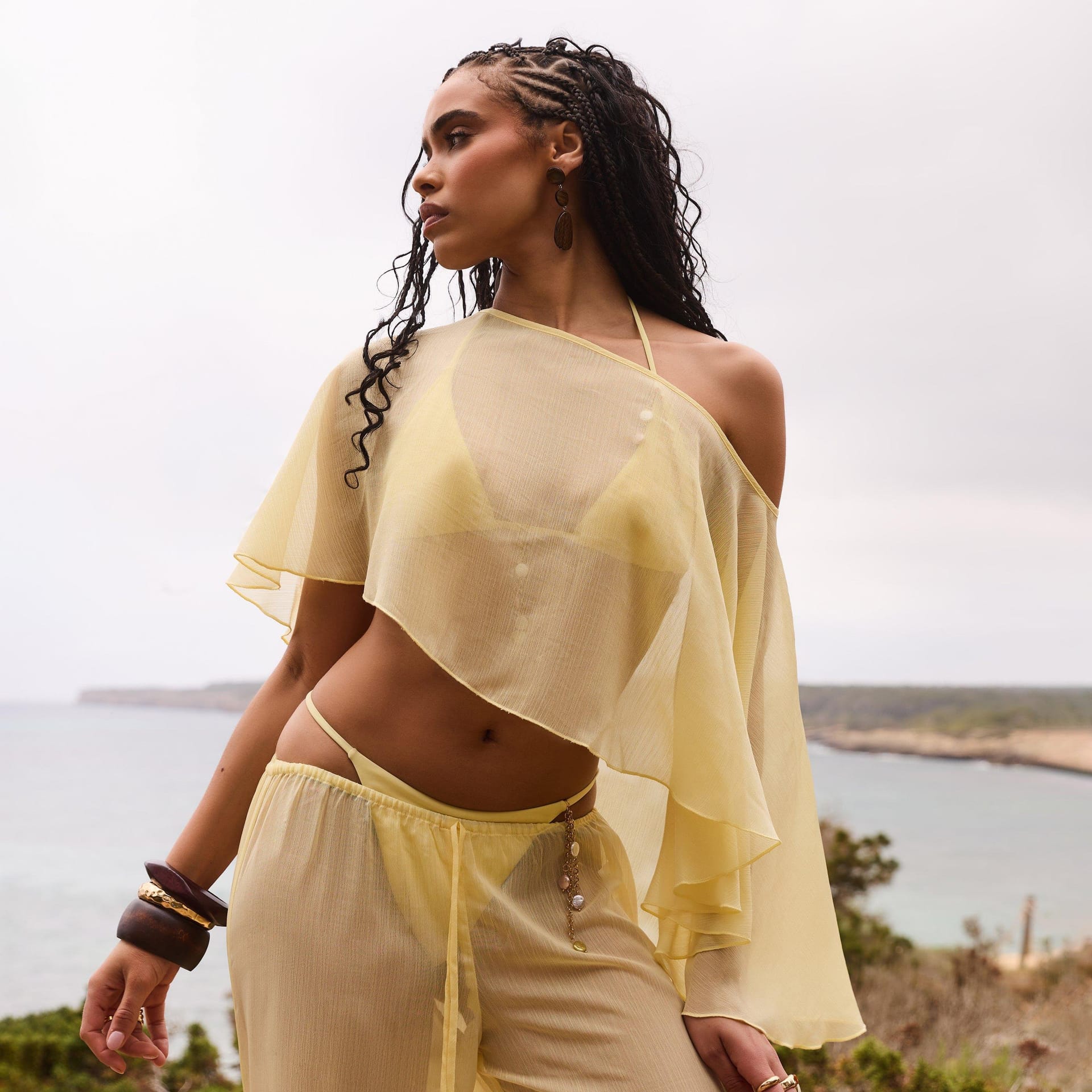 EGO Lemon Sheer Off-Shoulder Cape Top