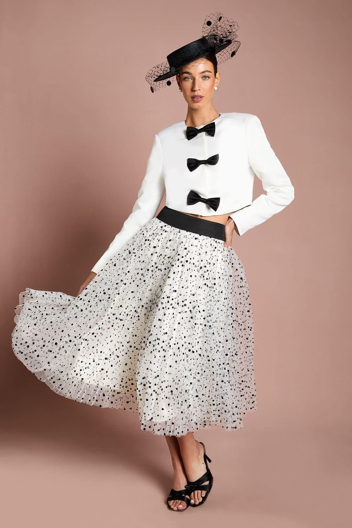 Coast Coast Women's Lisa Tan Pleated Polka Dot Mesh Midi Skirt in Mono
