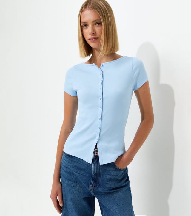 New Look Women's Light Blue Cotton Rich Button Through Baby Tee T-Shirt New Look - 2