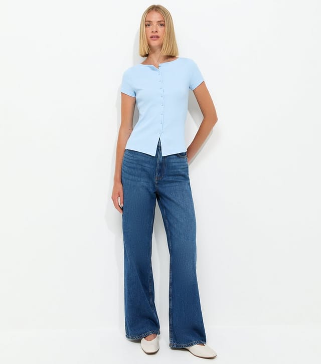 New Look Women's Light Blue Cotton Rich Button Through Baby Tee T-Shirt New Look - 3