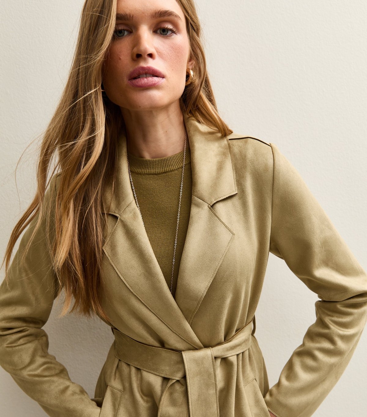 New Look Women's Light Khaki Faux Suede Belted Duster Coat New Look - 2