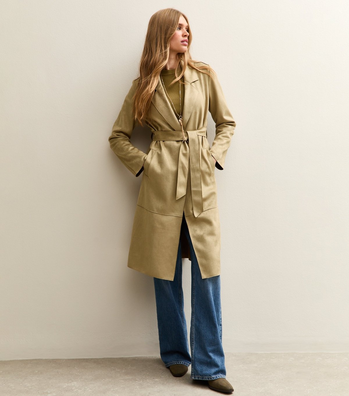 New Look Women's Light Khaki Faux Suede Belted Duster Coat New Look - 3