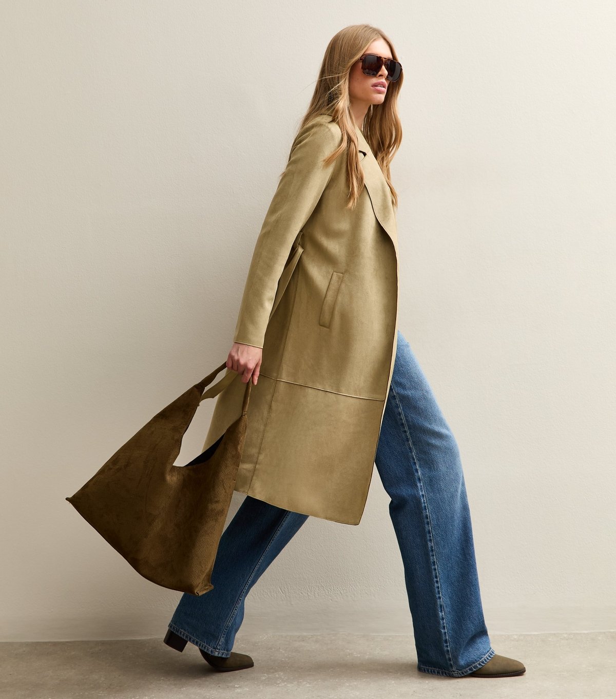 New Look Women's Light Khaki Faux Suede Belted Duster Coat New Look - 4