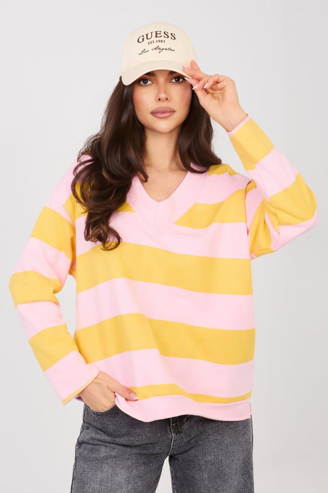 Love Lace Love Lace Women's Stylish Striped V Neck Cotton Blend Sweatshirt Style 225055 in Yellow