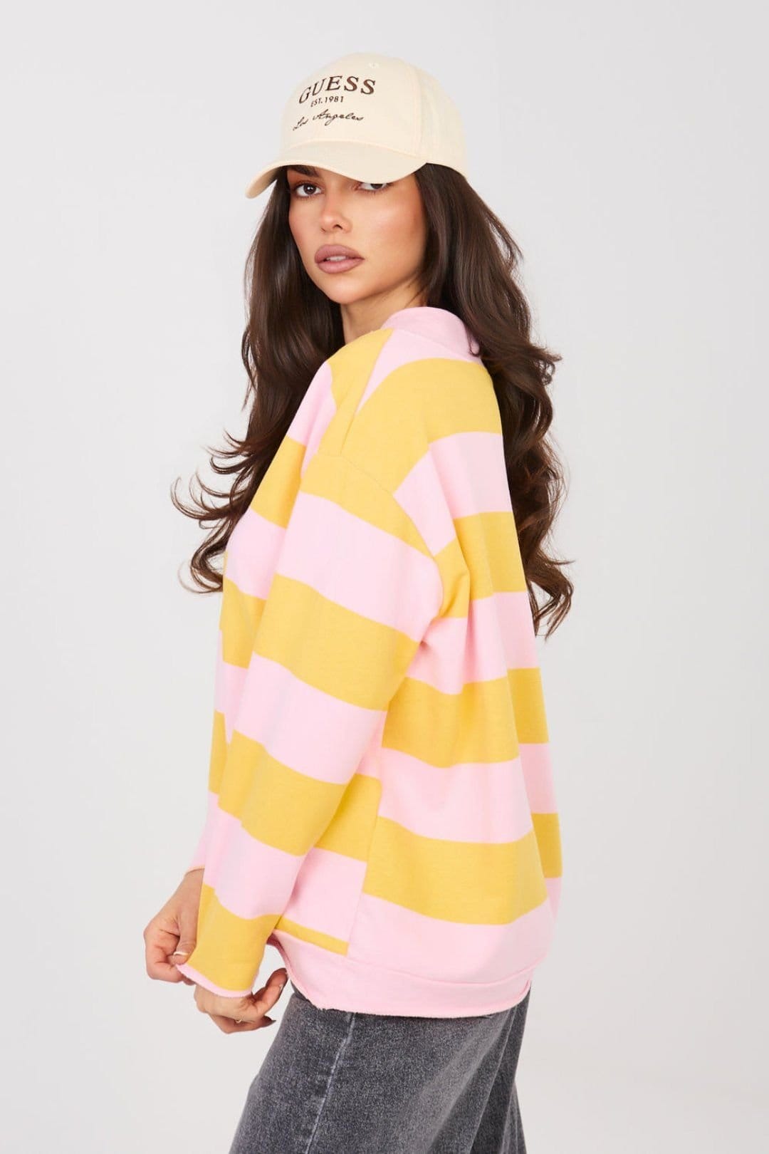 Love Lace Love Lace Women's Stylish Striped V Neck Cotton Blend Sweatshirt Style 225055 in Yellow - 4