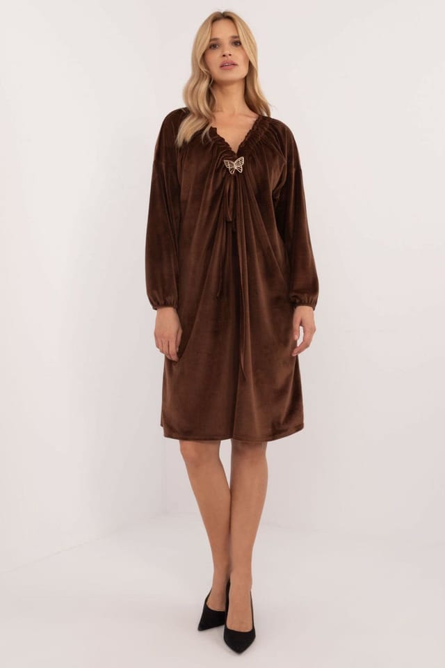 Love Lace Love Lace Women's Velour Heart Neck Everyday Dress Butterfly Tag in Brown - 2