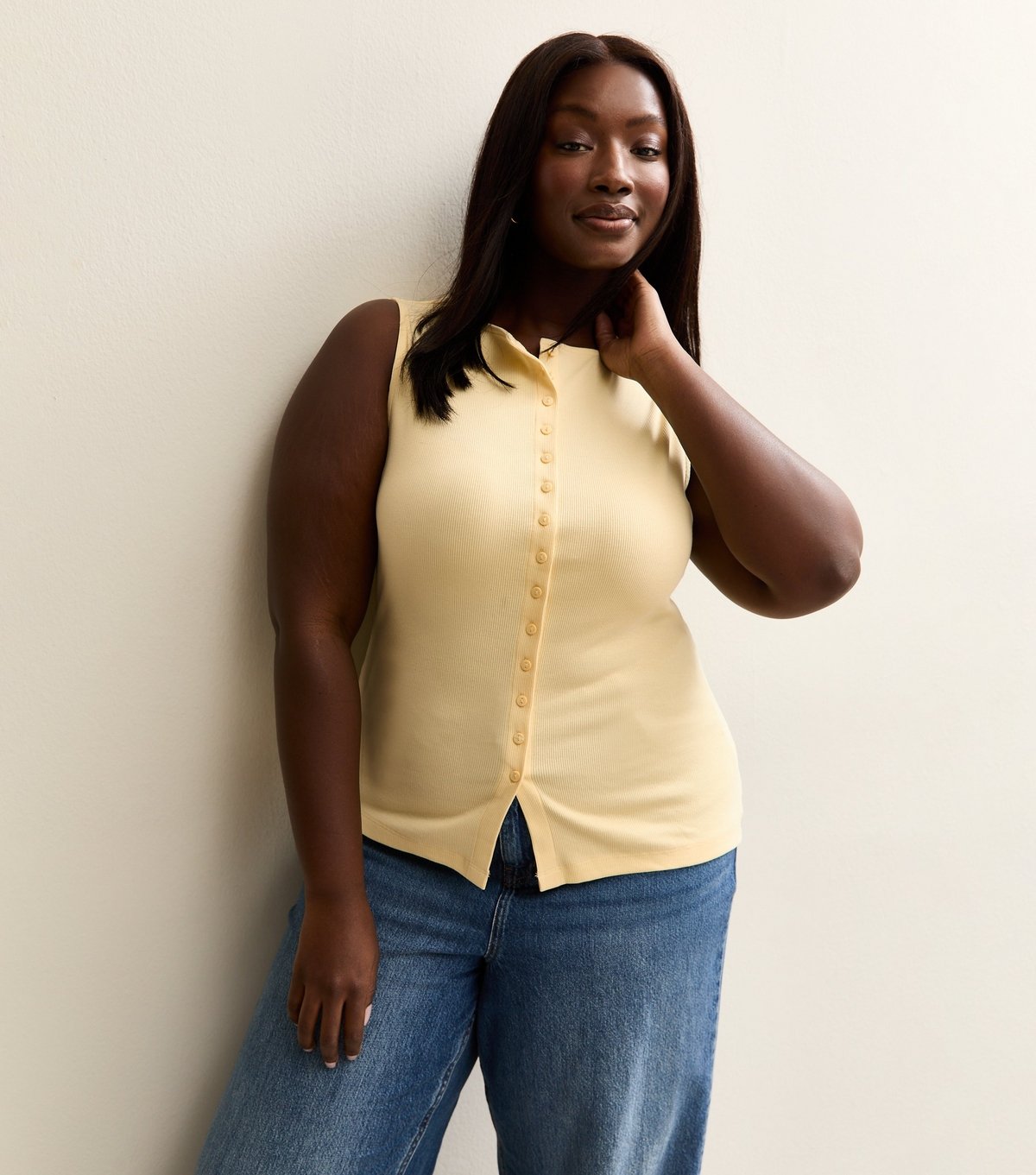New Look Women's Plus Size Light Yellow Button Through Ribbed Tank Top Curves New Look - 2