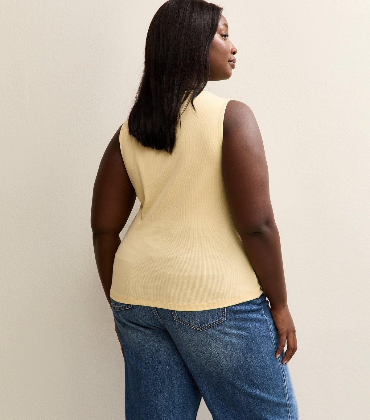 New Look Women's Plus Size Light Yellow Button Through Ribbed Tank Top Curves New Look - 4