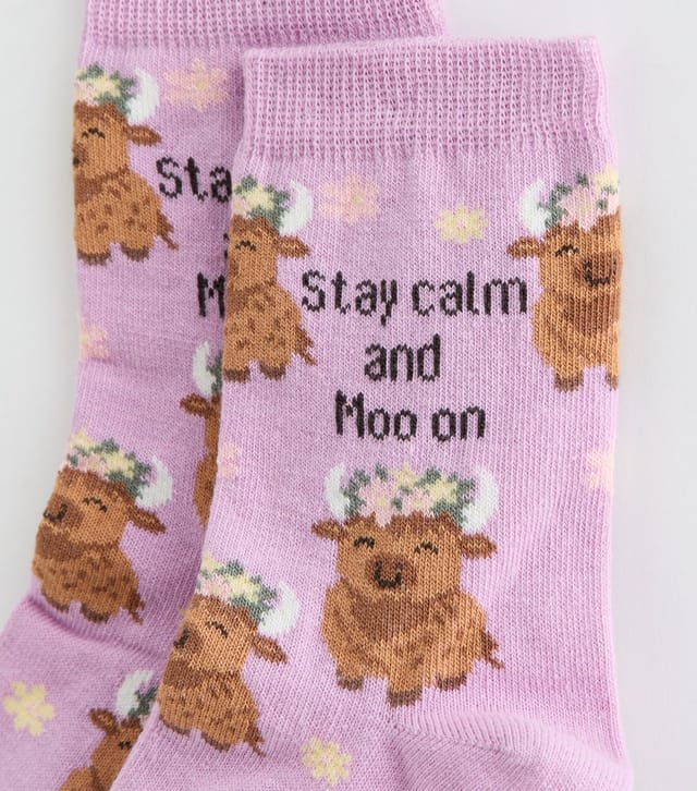 New Look Lilac Cow Pattern Stay Calm And Moo On Ankle Socks New Look - 2