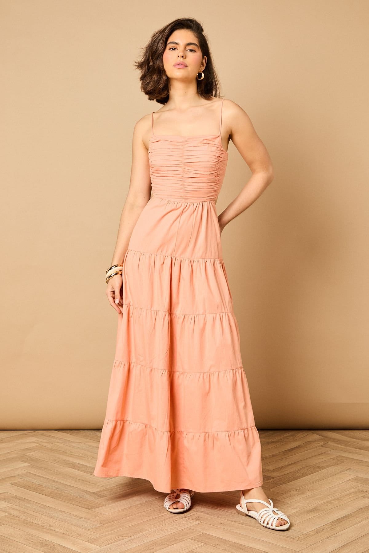 Oasis Oasis Women's Gathered Bodice Tie Back Maxi Dress in Apricot - 4