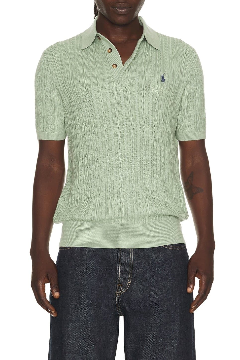 revolve Short Sleeve Featherweight Cable Knit 3-button Placket Polo Sweater