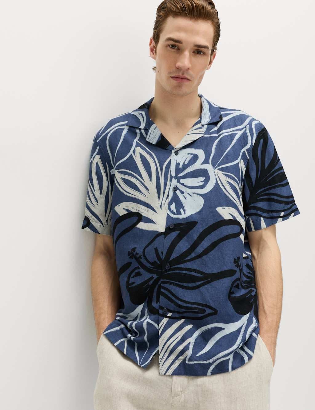 Marks & Spencer M&S Linen Blend Hawaiian Short Sleeve Shirt Navy Mix