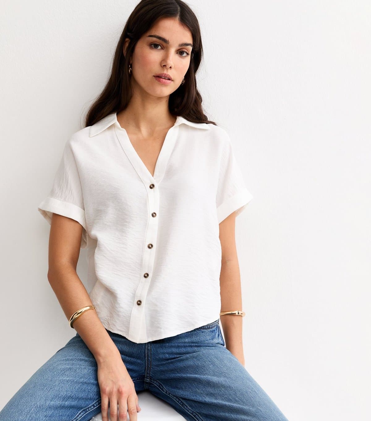 New Look Women's White Collared V Neck Short Shirt New Look