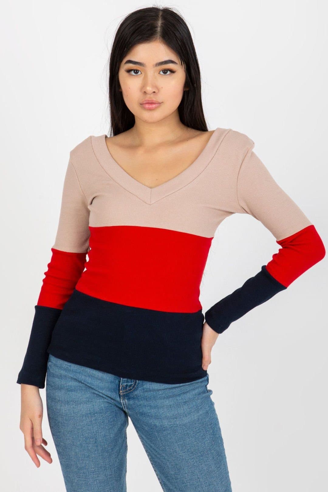 Love Lace Love Lace Women's Ribbed Long Sleeve Heart Neck Blouse in Navy