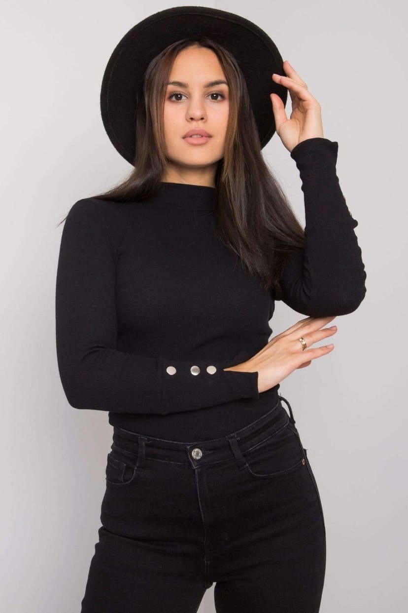 Love Lace Love Lace Women's Fitted Ribbed Half Golf Button Blouse in Black - 1