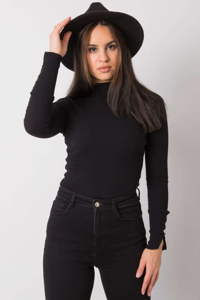 Love Lace Love Lace Women's Fitted Ribbed Half Golf Button Blouse in Black - 2