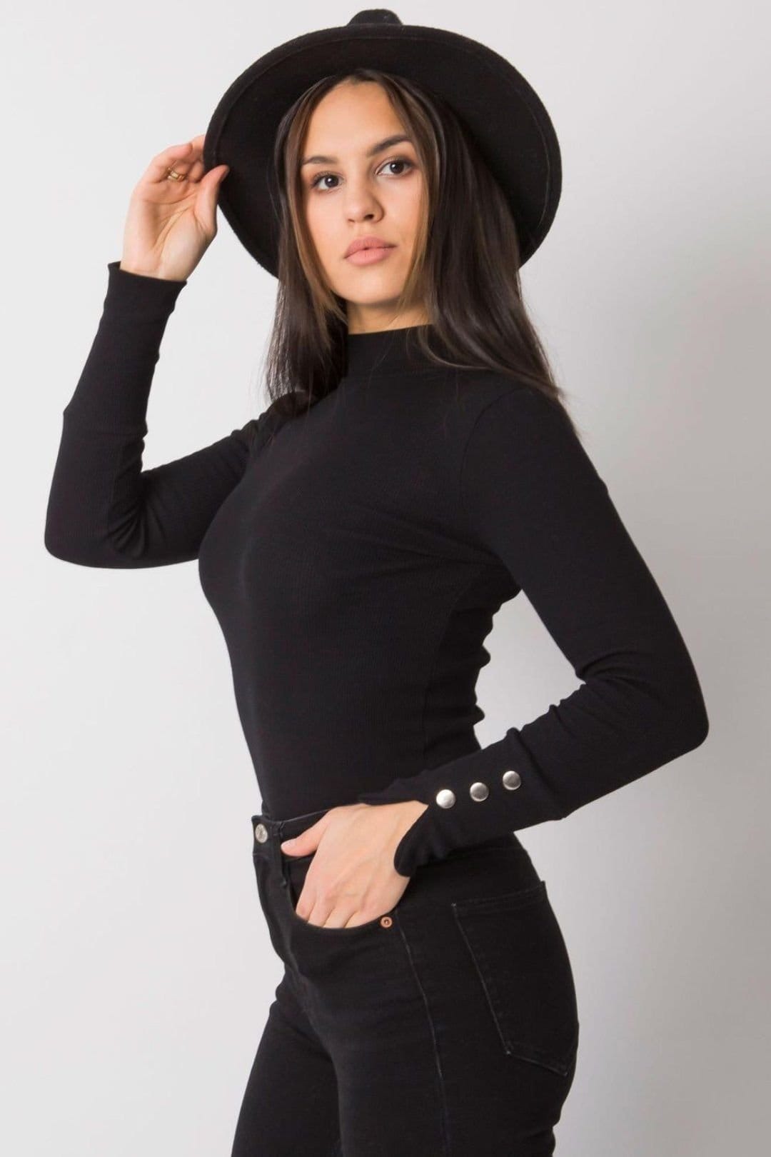 Love Lace Love Lace Women's Fitted Ribbed Half Golf Button Blouse in Black - 4