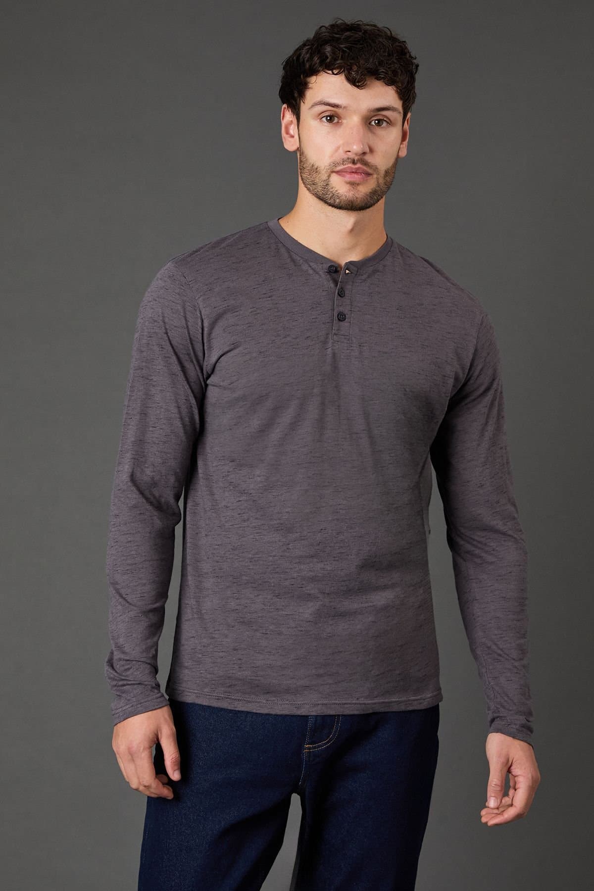 Maine Maine Men's Charcoal Long Sleeve Slub Grandad Neck T-Shirt