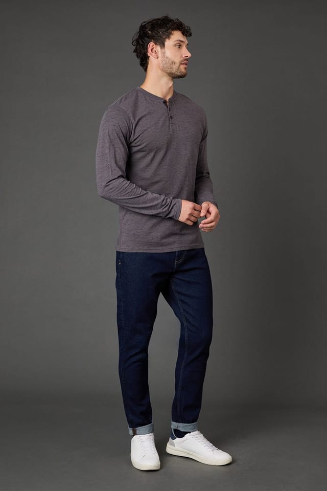 Maine Maine Men's Charcoal Long Sleeve Slub Grandad Neck T-Shirt - 2