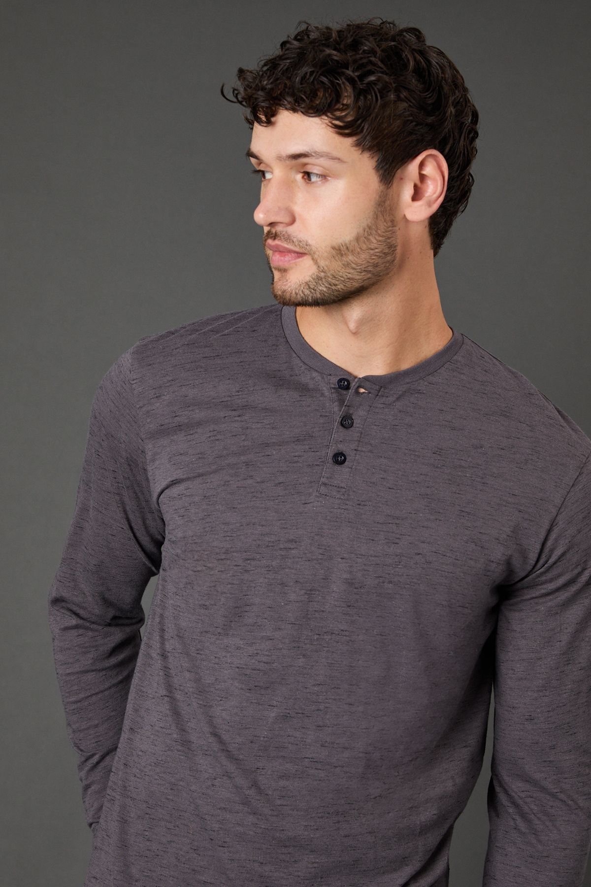 Maine Maine Men's Charcoal Long Sleeve Slub Grandad Neck T-Shirt - 3