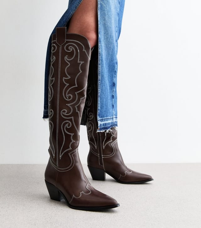 New Look Women's Dark Brown Western Faux Leather Knee High Boots Vegan New Look - 2