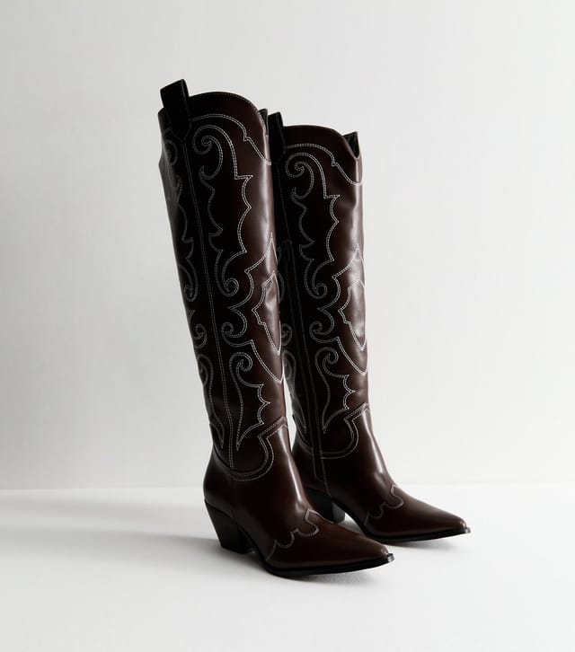 New Look Women's Dark Brown Western Faux Leather Knee High Boots Vegan New Look - 3