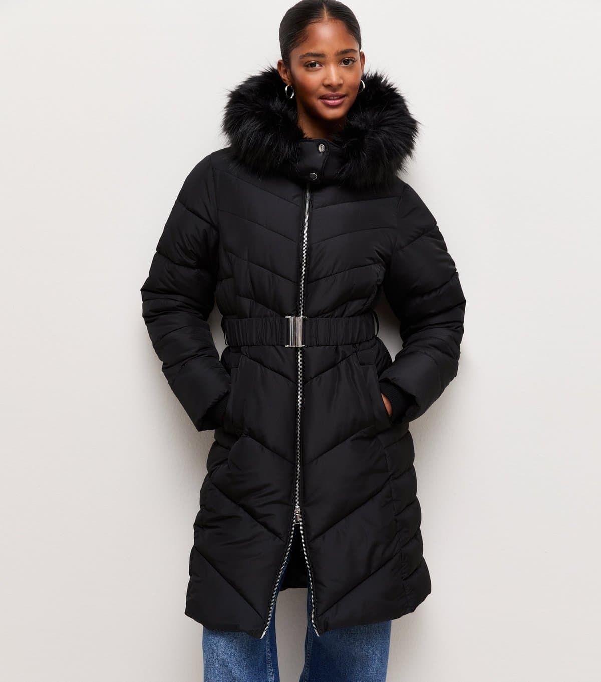 New Look Women's Black Longline Faux Fur Trimmed Hooded Coat New Look