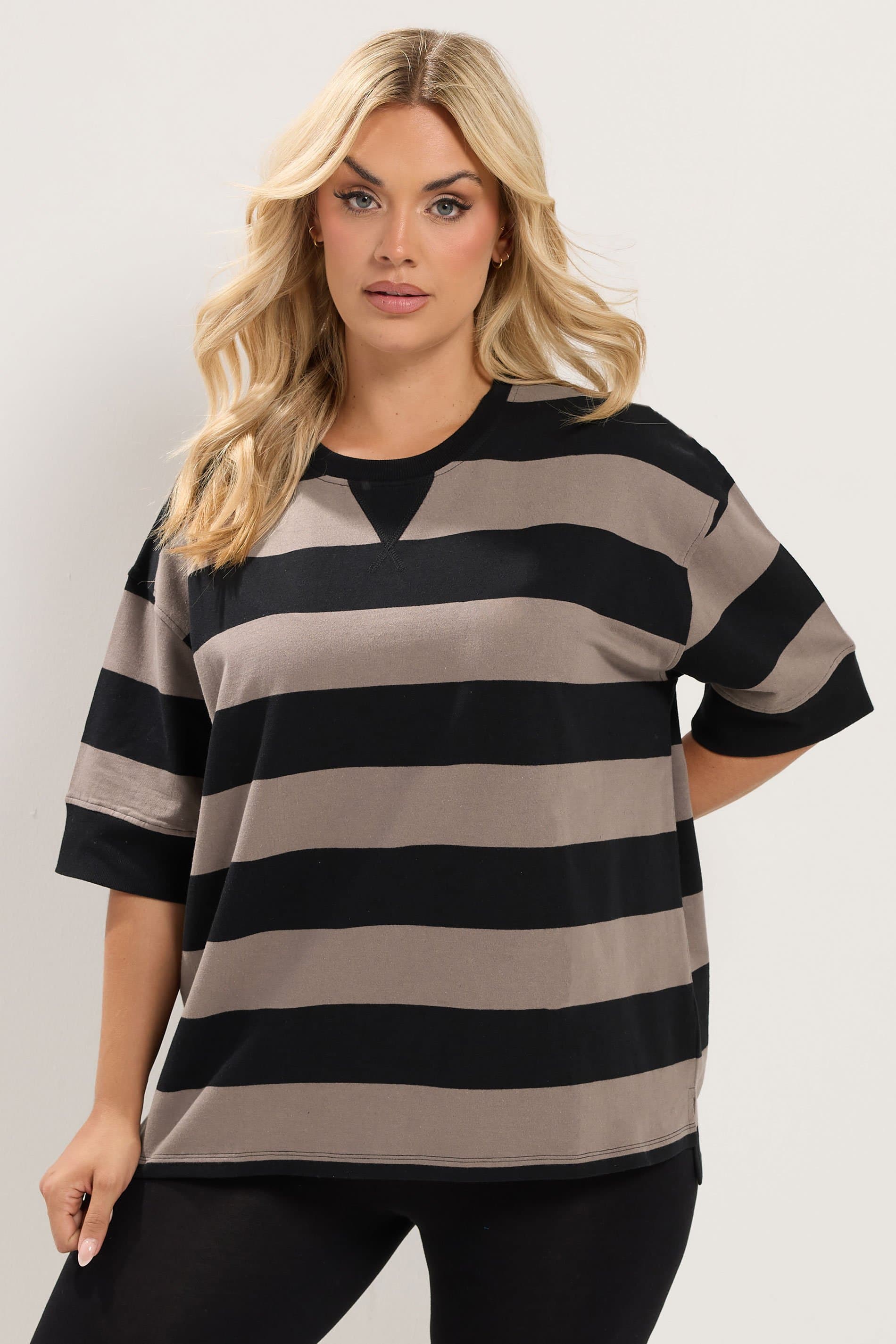 Yours Plus Size Brown & Black Stripe Heavyweight Tshirt