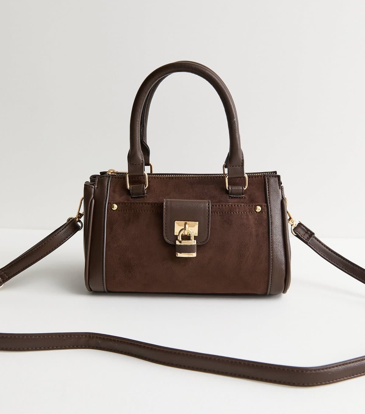 New Look New Look Dark Brown Faux Brushed Leather Padlock Crossbody Bag