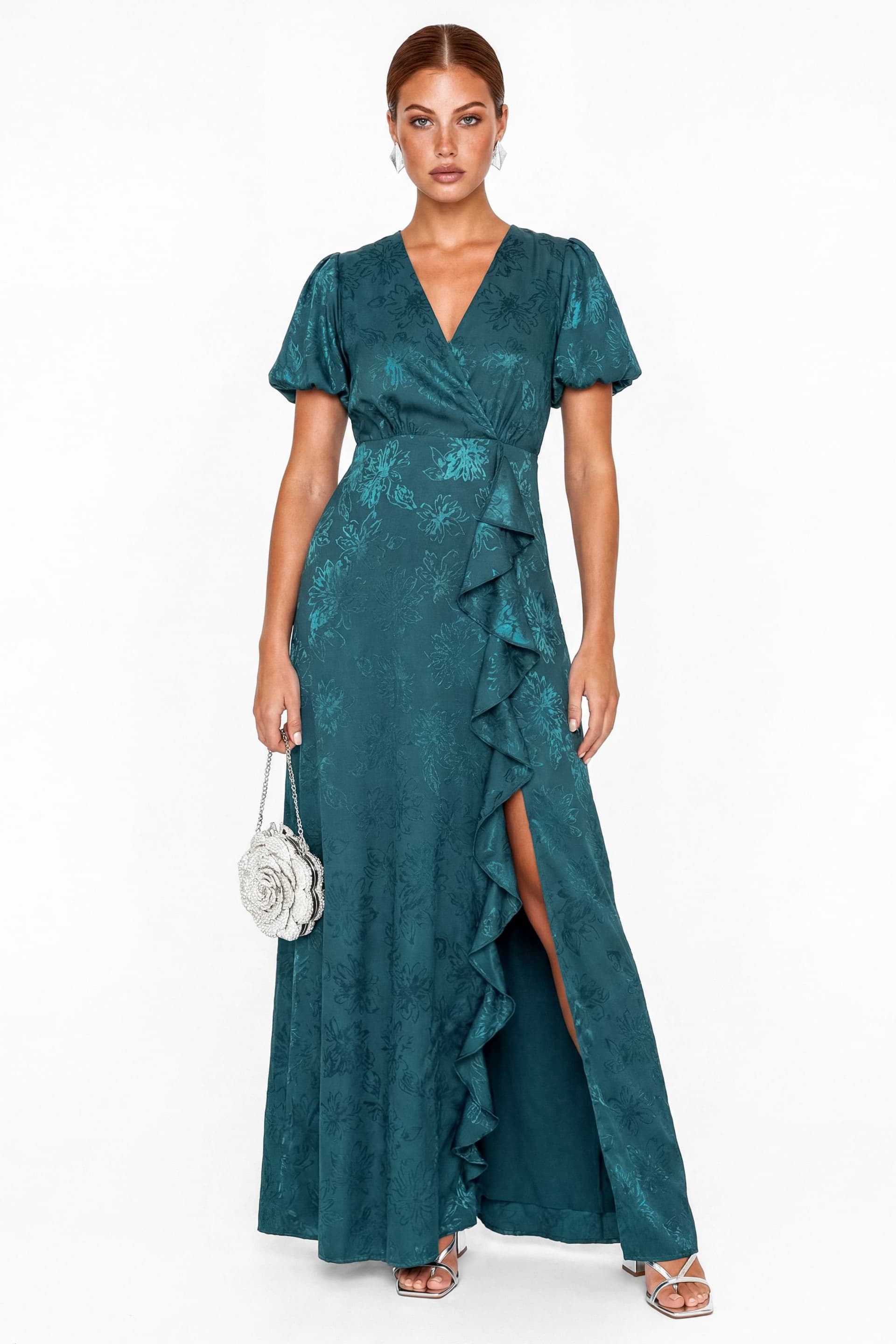 Maya Deluxe Maya Deluxe Women's Floral Jacquard Faxu Wrap Waterfall Ruffle Satin Maxi Dress in Teal
