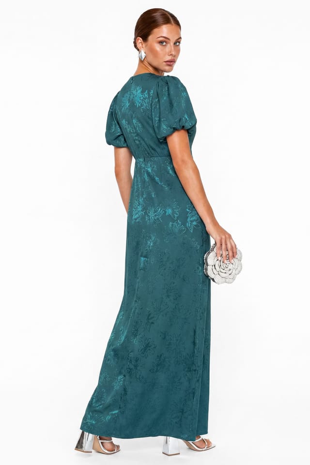 Maya Deluxe Maya Deluxe Women's Floral Jacquard Faxu Wrap Waterfall Ruffle Satin Maxi Dress in Teal - 2