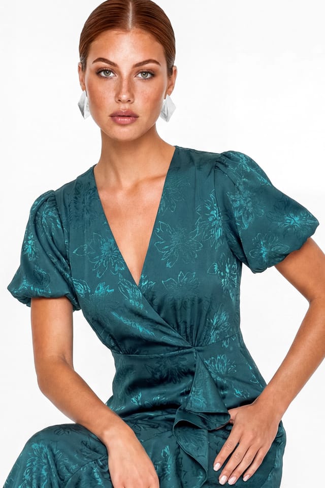 Maya Deluxe Maya Deluxe Women's Floral Jacquard Faxu Wrap Waterfall Ruffle Satin Maxi Dress in Teal - 3