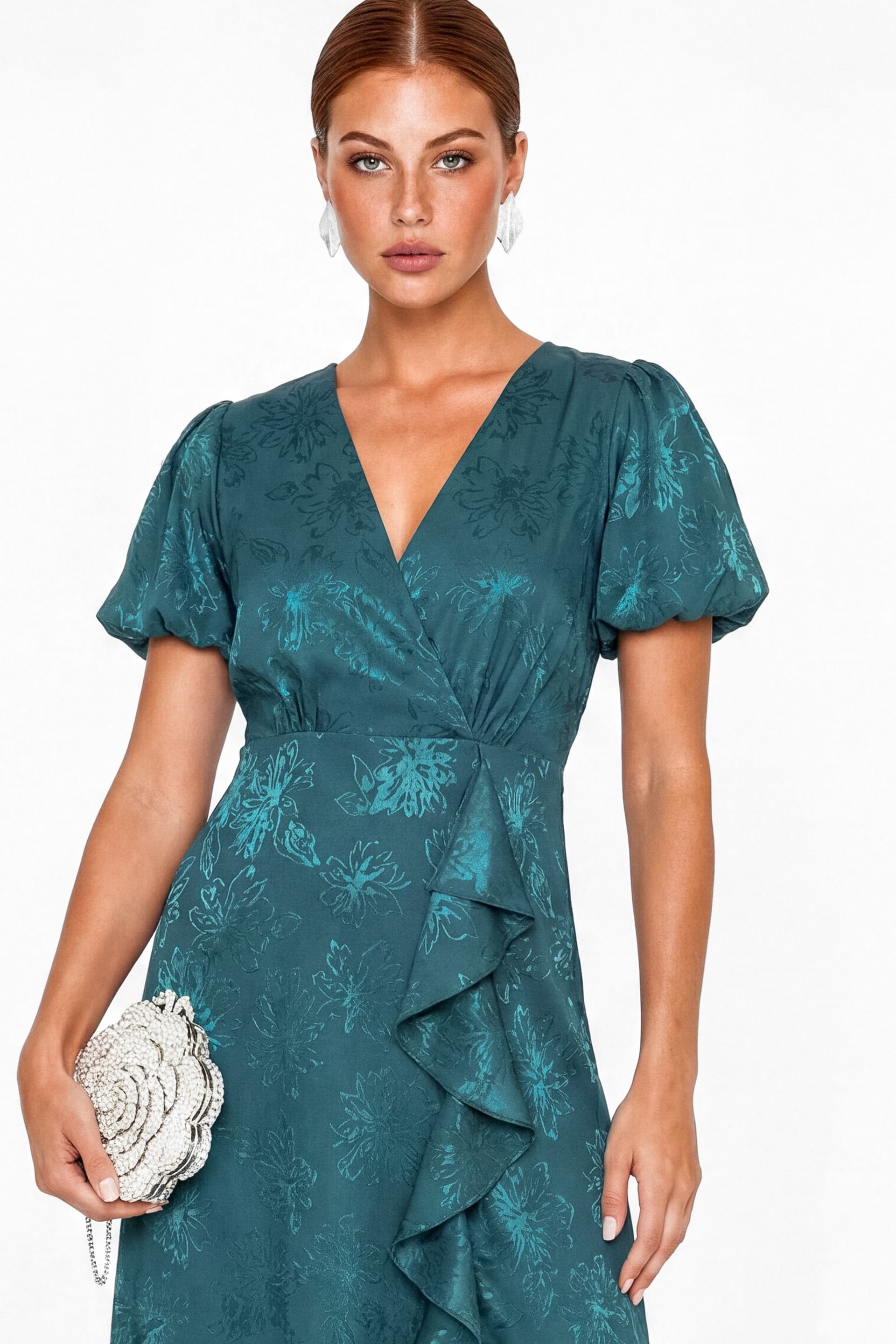 Maya Deluxe Maya Deluxe Women's Floral Jacquard Faxu Wrap Waterfall Ruffle Satin Maxi Dress in Teal - 4
