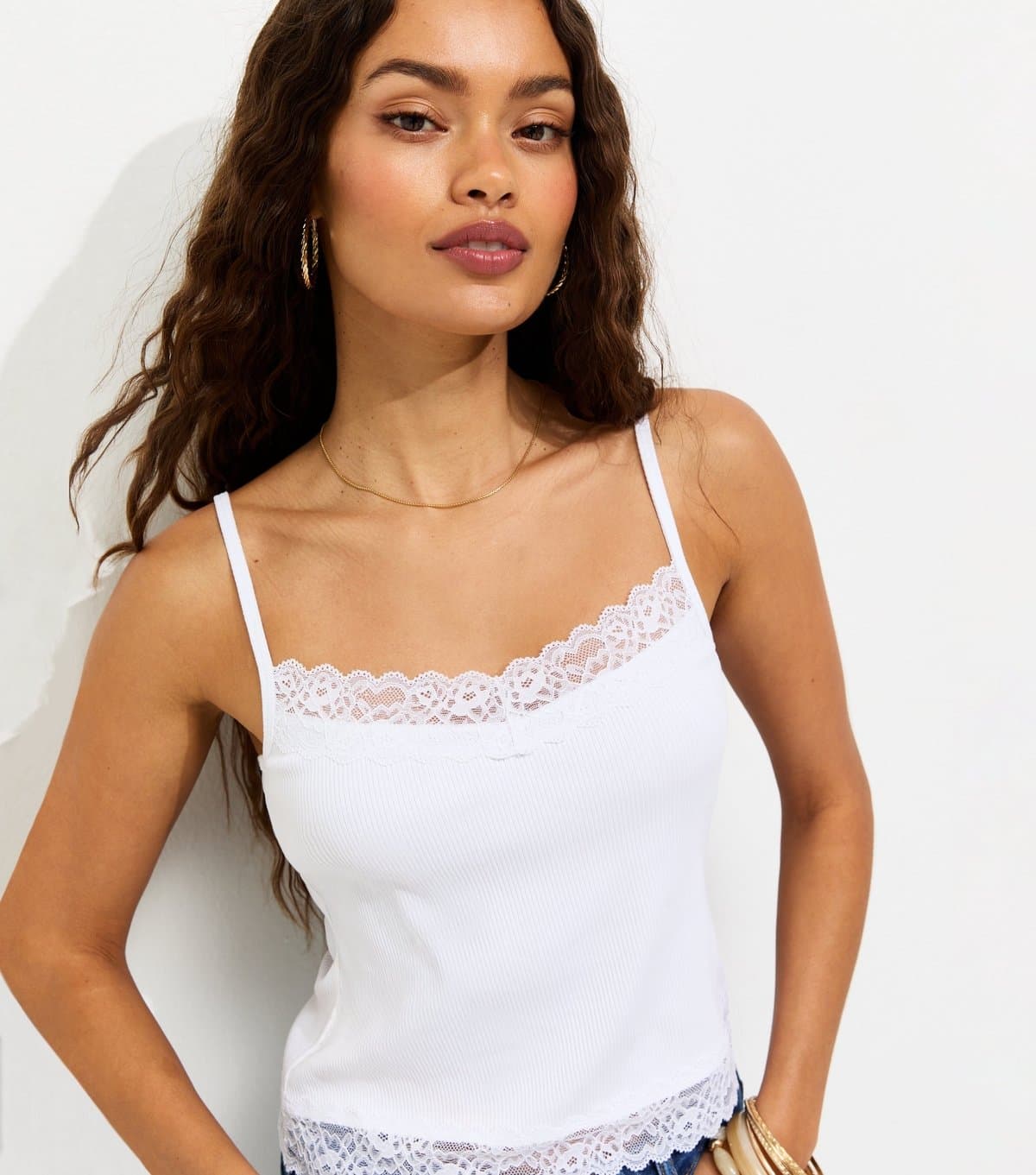 New Look Women's Petite White Lace Trim Cami Top New Look
