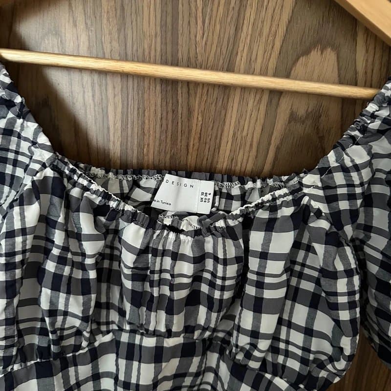 ASOS ASOS Navy Gingham Check Puff Sleeve Bubble Hem Open Back Mini Smock Dress 10
