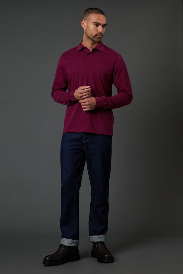 Burton Burton Men's Burgundy Long Sleeve Smart Polo Shirt - 2
