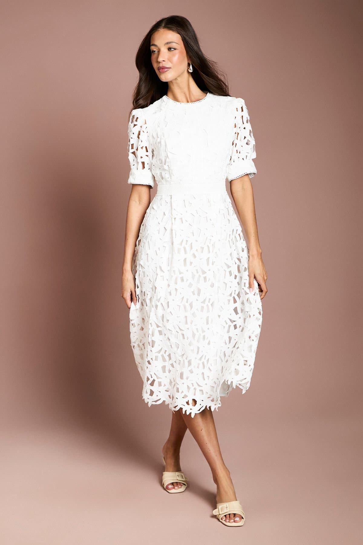 Coast Coast Women's Short Sleeve Lace Midi Dress in Ivory