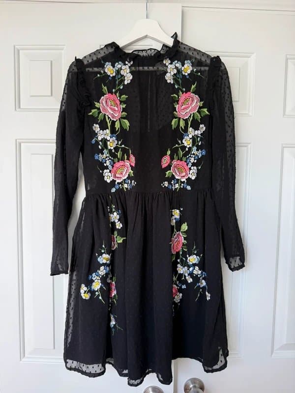 ASOS ASOS Women’s Lace Black Floral Going Out Occasion Mini Dress Sheer Sleeves UK 12-14
