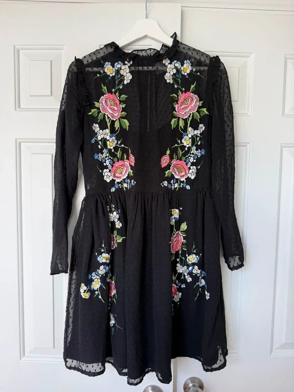 ASOS ASOS Women’s Lace Black Floral Going Out Occasion Mini Dress Sheer Sleeves UK 12-14 - 1