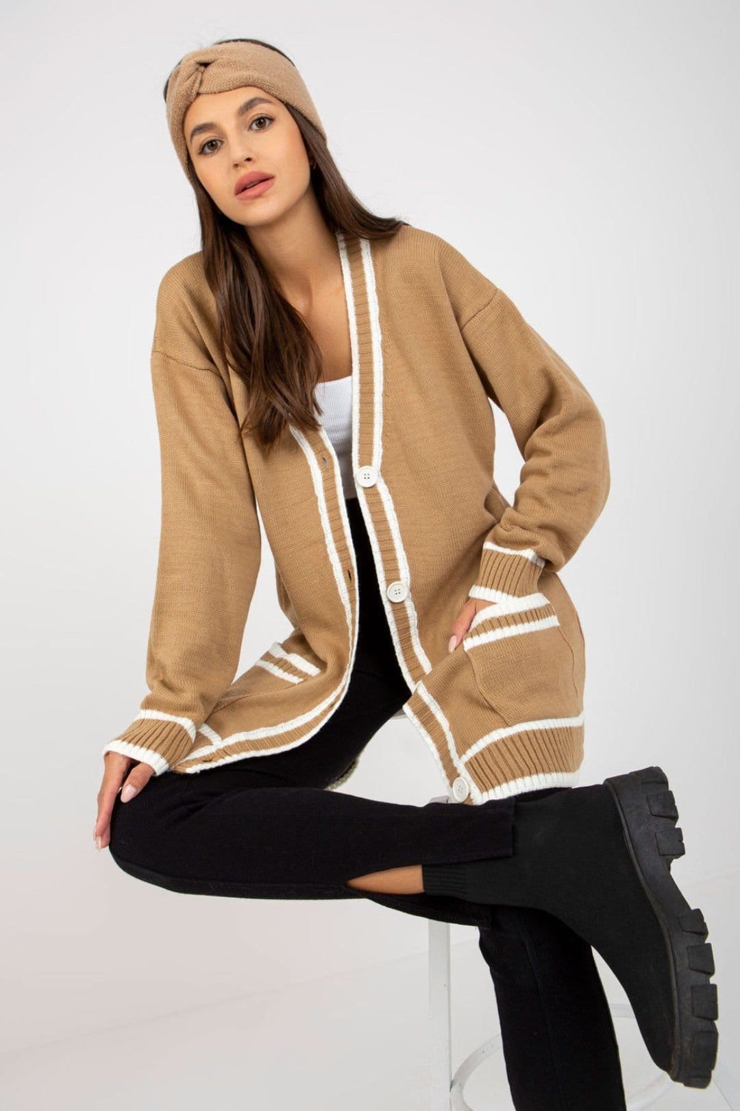 Love Lace Love Lace Women's Long Sleeve Button Cardigan With Contrast Trim in Beige - 1