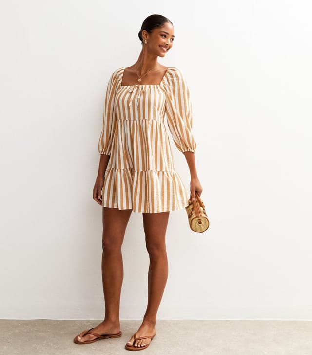 New Look Women's Brown Striped Smock Tiered Mini Dress New Look - 3