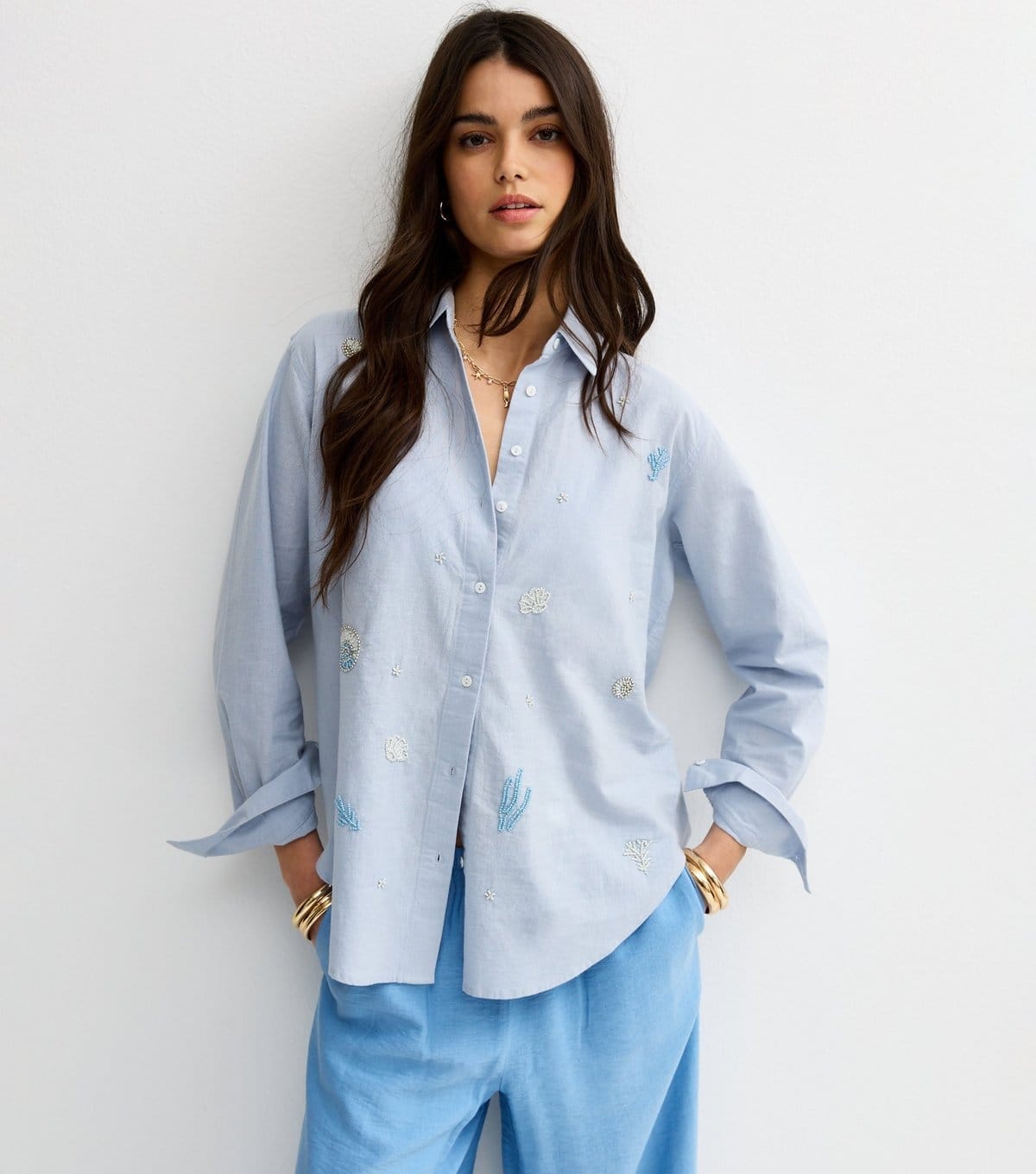 New Look Light Blue Seaside Embellished Long Sleeve Shirt
